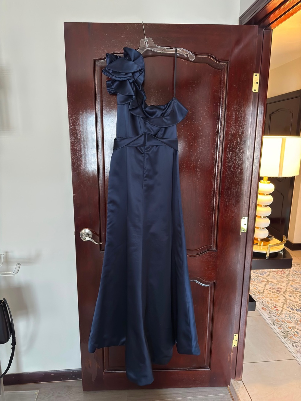 Lazaro. Elegant Navy One-Shoulder Ruffle Evening Dress